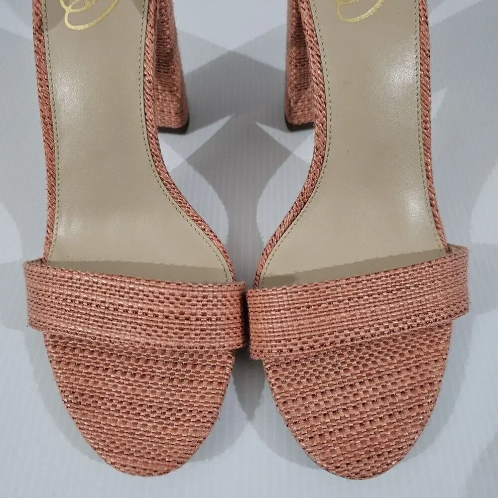 Sam Edelman Yaro Block Heel Sandal Womens 10.5 Pink Coral Woven Ankle Strap